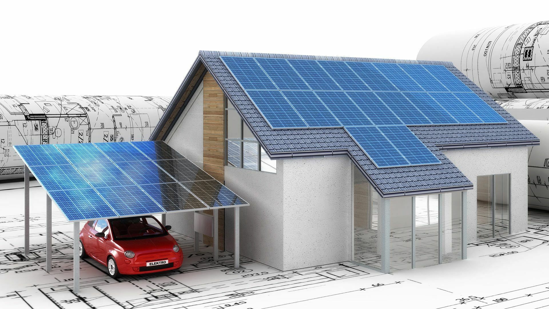 3D-Modell eines Einfamilienhauses und einer Garage mit Solardächern und einem Elektroauto auf Bauplänen